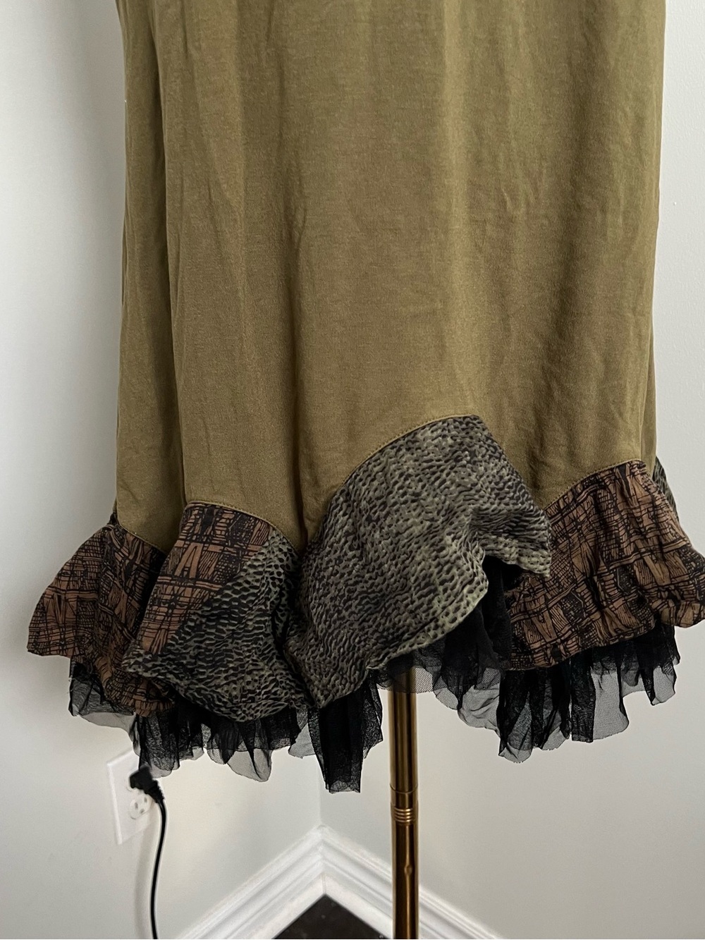 Olive Boho Tunic Dress Patchwork Ruffle Hem Fairycore Flowy 2 - Picture 5 of 7